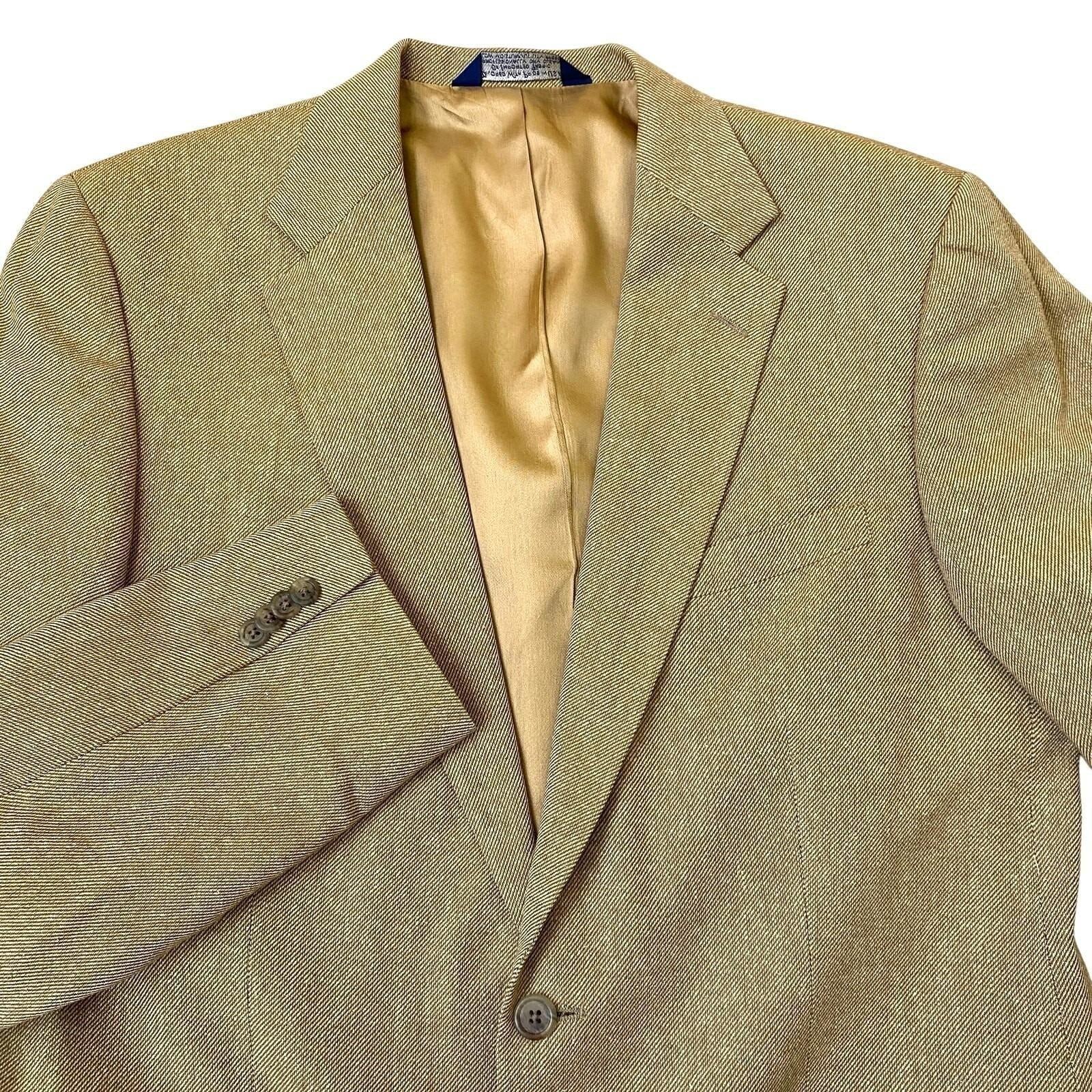 VTG Lands' End 100% Silk Blazer Jacket Sport Coat Men 42L Tan Preppy Made in USA