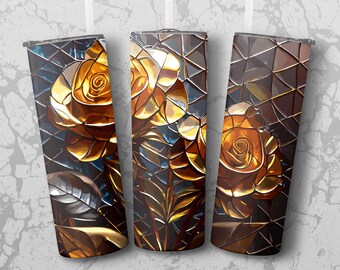 Stained Glass Roses Tumbler Wrap, Digital Download, Floral Tumbler Design, Gold Rose Decal, DIY Tumbler Art, 20oz Skinny Design