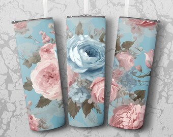 Antoinette Layer Cake Tumbler Template, Floral Watercolor Design, Elegant Rose Wrap, Blue Pink Blossoms, Downloadable Tumbler Art