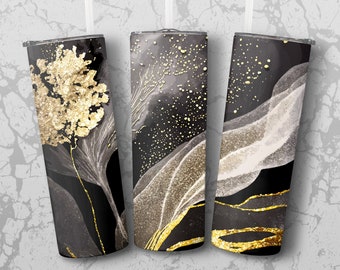 Elegant Gold and Black Floral Tumbler Wrap, Digital Download, Seamless Glitter Design, DIY Sublimation, 20 Oz Skinny Tumbler Graphic