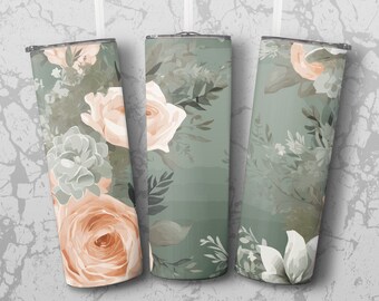 Antique Floral Wedding DIY Tumbler Template, Peach Rose & Sage Green Digital Download, Elegant Printable Digital Paper