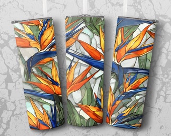 Tropical Flower Digital Paper, Stained Glass Style Wrap, Vibrant Orange Floral Pattern, 20 oz Tumbler Sublimation Design,