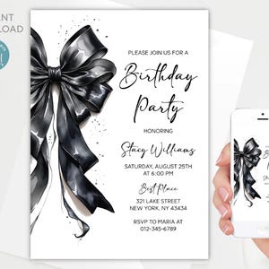 Black Bow Birthday Invitation Template: Minimalist Party Invite (Digital Download)