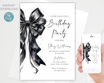 Black Bow Birthday Invitation Template: Minimalist Party Invite (Digital Download)