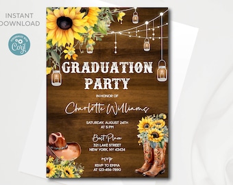 Rustic Sunflower Graduation Party Invitation: Editable Template (Digital Download)