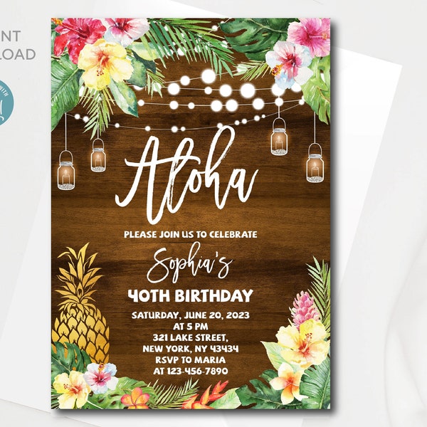 Modèle modifiable d'invitation d'anniversaire Aloha | Tout âge | Invitation d'anniversaire hawaïenne avec Mason Jar | Ananas doré |Téléchargement immédiat