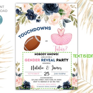 Editable Touchdowns or Tutus Gender Reveal Invitation | Digital Template With Flowers ...