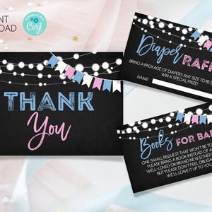 Tarjetas editables para revelar el género del bebé, sorteo de pañales, libros para bebés de 3,5 x 2 y agradecimientos de 5 x 3,5. Texto editable, imprimible, descarga instantánea.