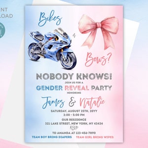 Bikes or Bows Gender Reveal Einladung: Bearbeitbare digitale Vorlage Bild 1