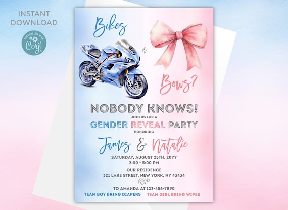 Bikes or Bows Gender Reveal Invitation: Editable Digital Template