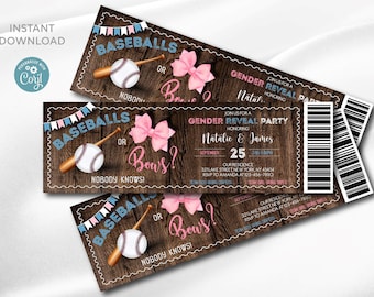 Baseballs or Bows Gender Reveal Ticket Invitation (Digital)