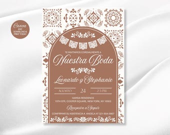 Talavera Wedding Invitation: Mexican Papel Picado, Terracotta (Canva Template - Digital Download)