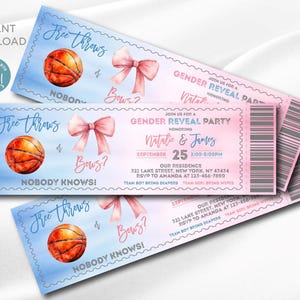 May include: Gender reveal party invitations with a basketball and bow theme. The tickets feature watercolor illustrations of a basketball, a pink bow, and the text "Free Throws or Bows? Nobody Knows!" The invitations are personalized with event details.
