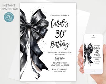 Black Bow 30th Birthday Invitation Template (Digital Download)