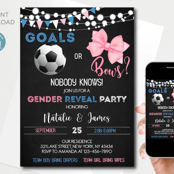 Soccer Gender Reveal Invitation digital template | Goals or Bows Invitation | Blue or Pink | Boy or Girl | Editable Printable