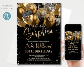 Surprise 60th Birthday Invitation: Black Gold Balloons (Editable Digital Template)