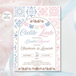 Puede incluir: Una invitación de revelación de género con un borde decorativo de azulejos florales azules y rosas. La invitación dice "Cielito Lindo" e incluye detalles del evento, incluyendo la fecha, hora y lugar. El texto "Canva EDIT DOWNLOAD & PRINT TODAY" está en la esquina superior izquierda.