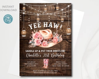Puede incluir: Un fondo de madera rústico con un sombrero de vaquero rosa y blanco con detalles florales. El texto "Yee Haw!" está escrito en blanco. El texto "Saddle Up & Put Your Boots On! Charlotte's 21st Birthday" está escrito en blanco. El texto "Saturday September 25th- At 6:00 PM" está escrito en blanco. El texto "Best Place 321 Lake Street New York, NY 43434" está escrito en blanco. El texto "RSVP to Emma at 123-456-7890 Registered at amazon.com" está escrito en blanco.