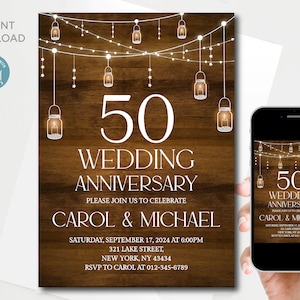 Editable Rustic 50th Wedding Anniversary Invitation template | Wedding Anniversary invitation | Casual Party Invitation | Instant Download