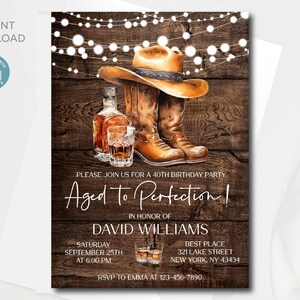 May include: A rustic brown wood background with a string of white lights. A pair of brown cowboy boots with a cowboy hat on top of them. A bottle of whiskey and a glass of whiskey are in front of the boots. The text "Aged to Perfection!" is written in white script. The text "In honor of David Williams" is written in black. The text "Saturday September 25th at 6:00 PM" is written in black. The text "Best Place 321 Lake Street New York, NY 43434" is written in black. The text "RSVP to Emma at 123-456-7890" is written in black.