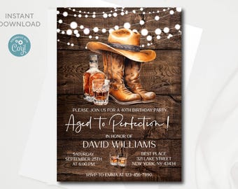 Whiskey Birthday Invitation: Aged to Perfection, Western Theme (Digital Download)