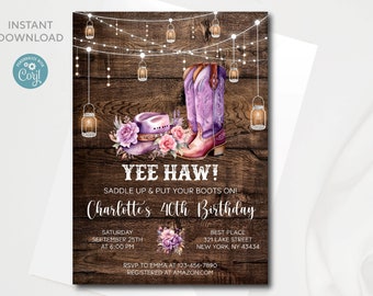 Rustic Cowgirl 40th Birthday Invitation: Editable Western Template (Digital Download)