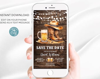 May include: A rustic save the date invitation with a wood background, string lights, cowboy boots, and a beer mug. The text reads "Save the Date" and "Join us to celebrate David Williams".