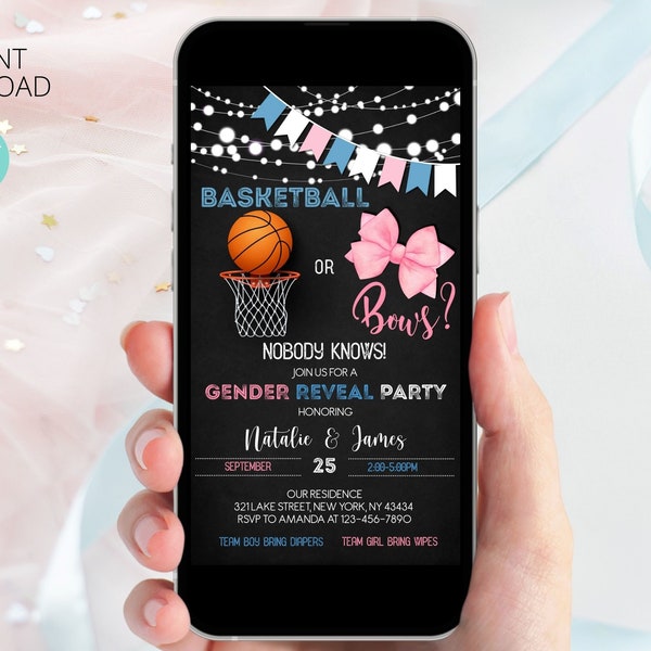 Editable Basketball or bows Gender Reveal Invitation | Digital Basketball or Bows Invitations | Text Message Invite | Instant Download