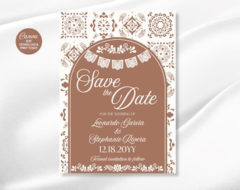 Zaproszenie ślubne „Save the Date” z terakoty: meksykański wzór Papel Picado (Canva, edytowalne, cyfrowe do pobrania)