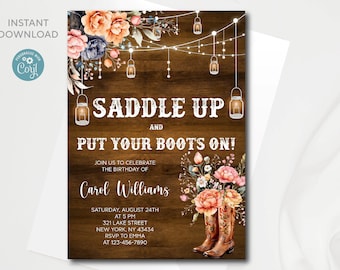 Western Birthday Invitation: Floral Cowboy Boots, Editable Template (Digital Download)