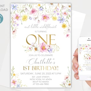 Wildflower First Birthday Invitation: Editable Boho Template (Digital)