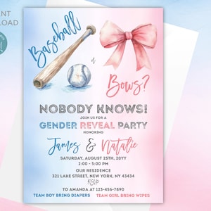 Editable Baseballs or Bows Gender Reveal Invitation | Baseball or bows Invitation template | Blue or Pink | Boy or Girl | Editable Printable