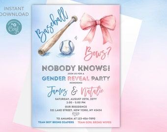 Baseball or Bows Gender Reveal Invitation (Editable Printable)