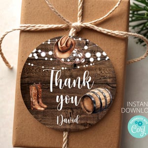Adesivos editáveis de agradecimento de aniversário ocidental 2"x2" | Adesivos de agradecimento de aniversário de cowboy | Para impressão | Download instantâneo