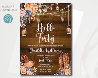 Puede incluir: Un fondo de madera rústico con un diseño floral y luces de cadena. El texto "Hello Forty" está escrito en letra blanca. La invitación es para la fiesta de cumpleaños número 40 de Charlotte Williams. La fiesta es el sábado 24 de agosto a las 5 PM en Best Place, 321 Lake Street, New York, NY 43434. RSVP a Emma al 123-456-7890.