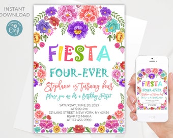 Fiesta Four-Ever Birthday Invitation: Editable Mexican Theme (Digital Download)