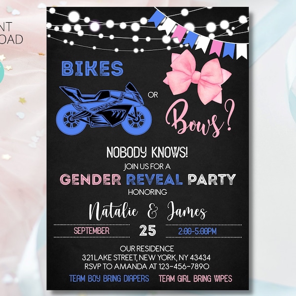 Bikes or Bows Gender Reveal Invitation digital template | Wheels or Bows Invitation | Blue or Pink | Boy or Girl | Editable Printable