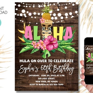 Invitation d'anniversaire modifiable Aloha | Invitation d'anniversaire adulte Tiki | Téléchargement instantané