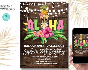 May include: A digital invitation with a tropical theme. The invitation features a tiki mask with flowers and greenery, and the text "Aloha" in pink and green letters. The text "Hula on over to celebrate Sophia's 60th Birthday" is also included, along with the date, time, and location of the event.