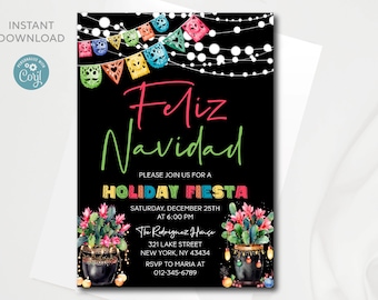 Può includere: Un invito stampabile in bianco e nero per una festa di Natale. L'invito presenta decorazioni di carta colorate, cactus e il testo "Feliz Navidad" e "Holiday Fiesta".