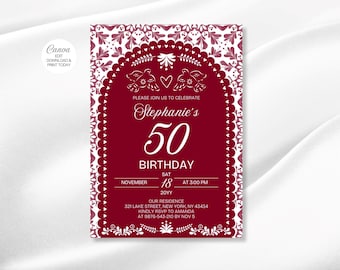 Mexican 50th Birthday Fiesta Invitation: Talavera Tile, Papel Picado (Canva, Burgundy Template) (Digital Download)