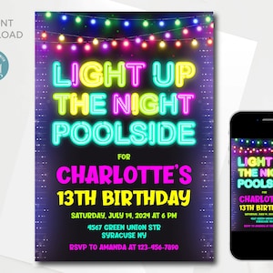 Editable Neon Pool Party Birthday Invitation (Digital Download)