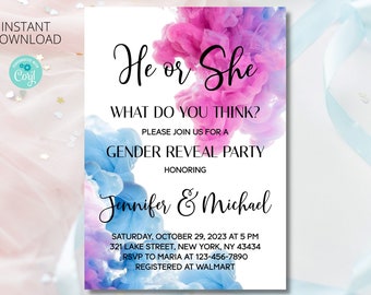 Inbjudan till könsavslöjande med rök: Redigerbar mall för babyshower (digital nedladdning)