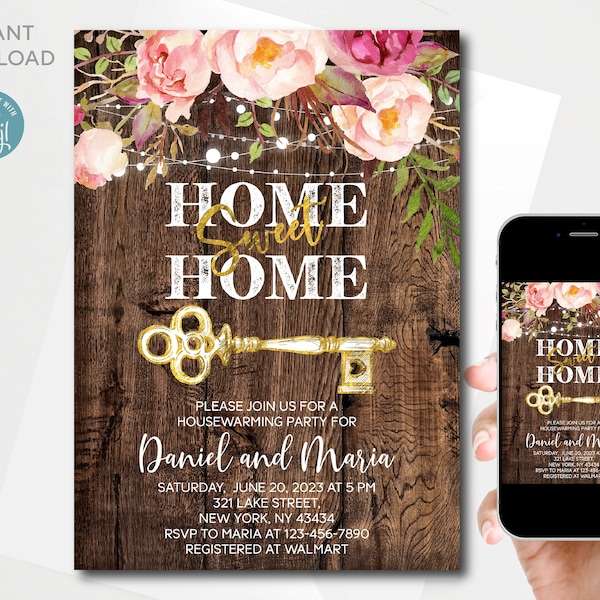 Editable Rustic Home Sweet Home Invitation Template, Housewarming Party Invitation, Yourself editable with Corjl, Instant Download