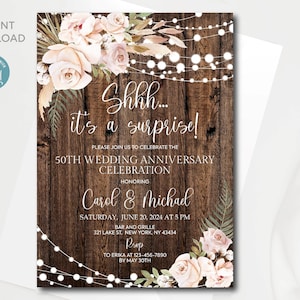Überraschungs-Einladung zum 50. Hochzeitstag | Bearbeitbare Einladungsvorlage zum 50-jährigen Jubiläum | Rustikale Casual Einladung | Sofort Download