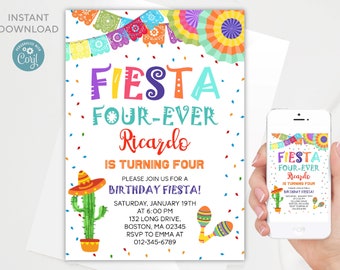 Editable 4th Birthday Fiesta Invitation: Mexican Theme (Instant Download)