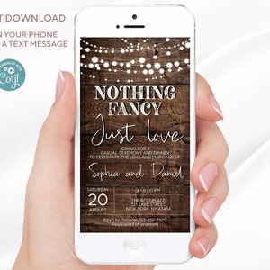 Electronic Nothing Fancy Just Love Wedding invitation editable template with string lights and wood background