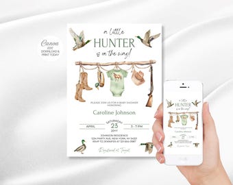 Little Hunter Duck Theme Editable Boy Invite, Rustic Country Style, Canva template