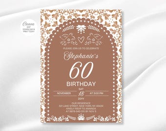 Mexican 60th Birthday Fiesta Invitation: Talavera Tile, Papel Picado (Canva Template) (Digital Download)