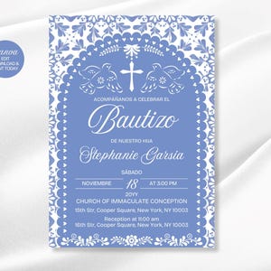 Editable Blue Papel Picado Baptism Invitation in Spanish | Mexican Bautizo Invitation | Fiesta Baptism invite | Instant Download | Canva